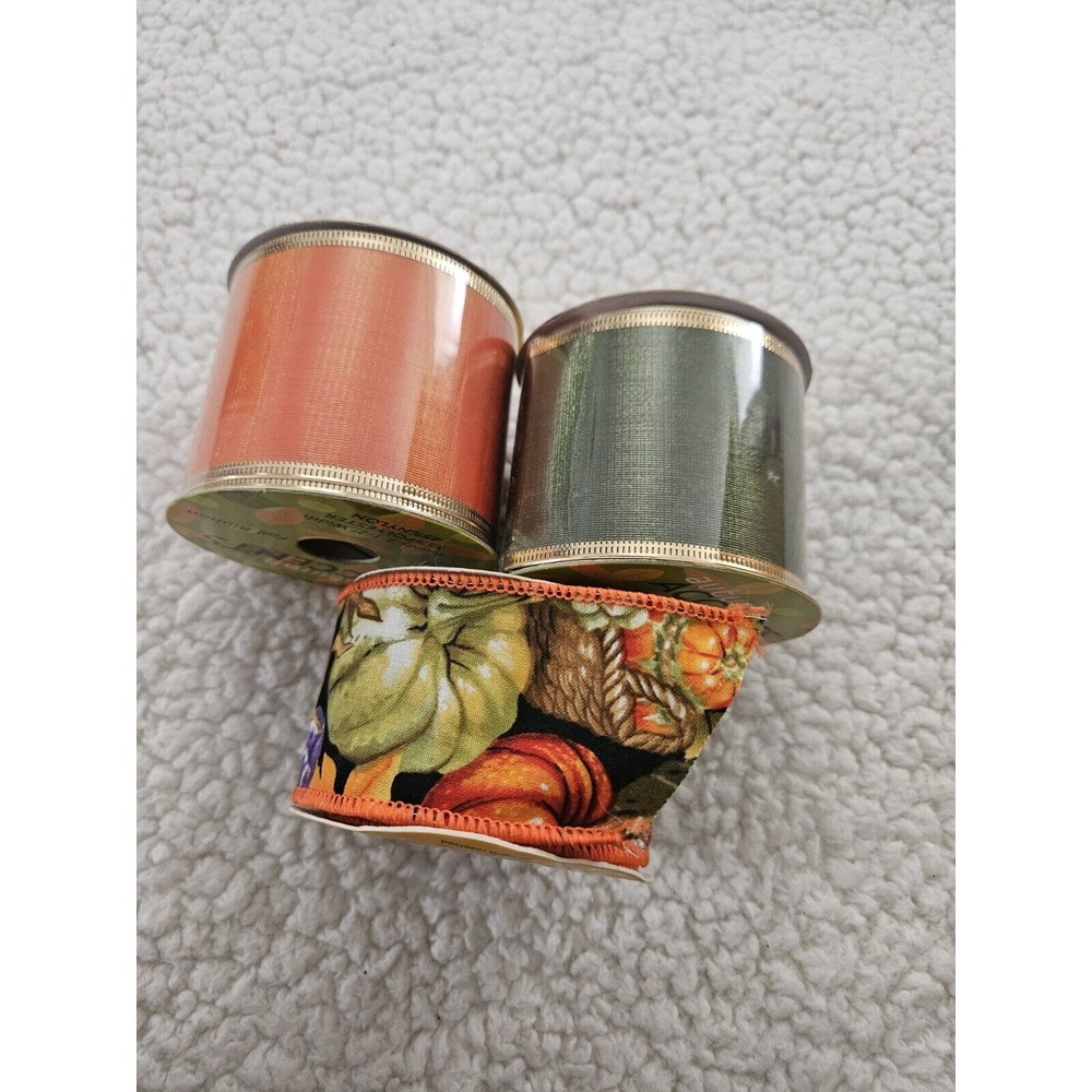Vintage 2002‎ Autumn Accents Ribbon Orange Green New & Used Lot Of 3 Spools Fall